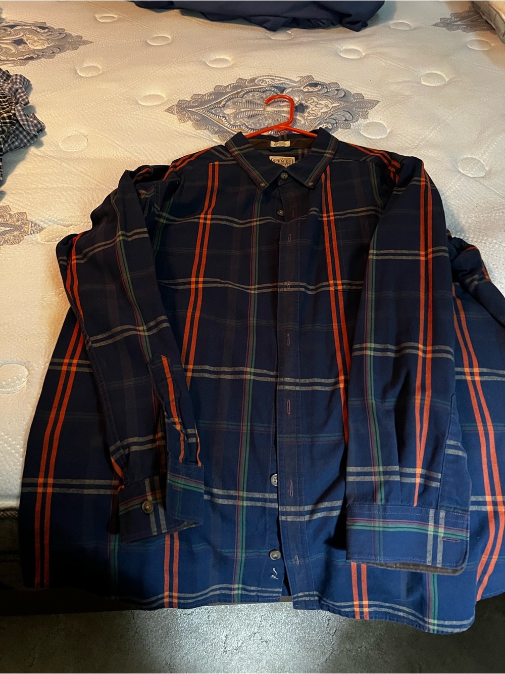 Men's Navy Plaid Button-Up Shirt - Orange Stripe